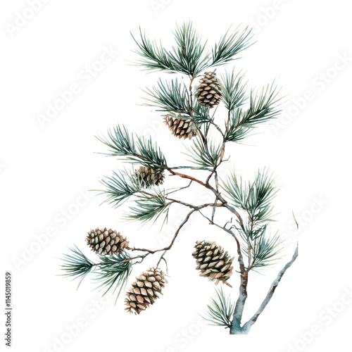 Obraz na płótnie Pine Tree Branch with Cones, lush green needles, textured cones, ideal for nature-themed designs, seamless integration on any background w salonie