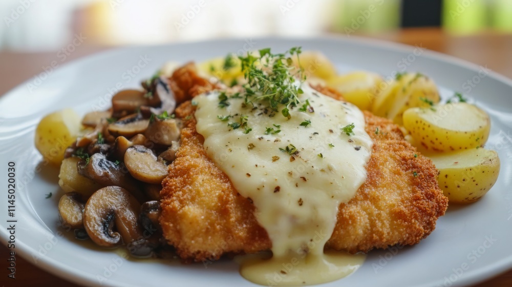 Crispy Chicken and Mushroom Dish with Creamy Sauce and Potatoes Crispy Chicken and Mushroom Dish with Creamy Sauce and Potatoes