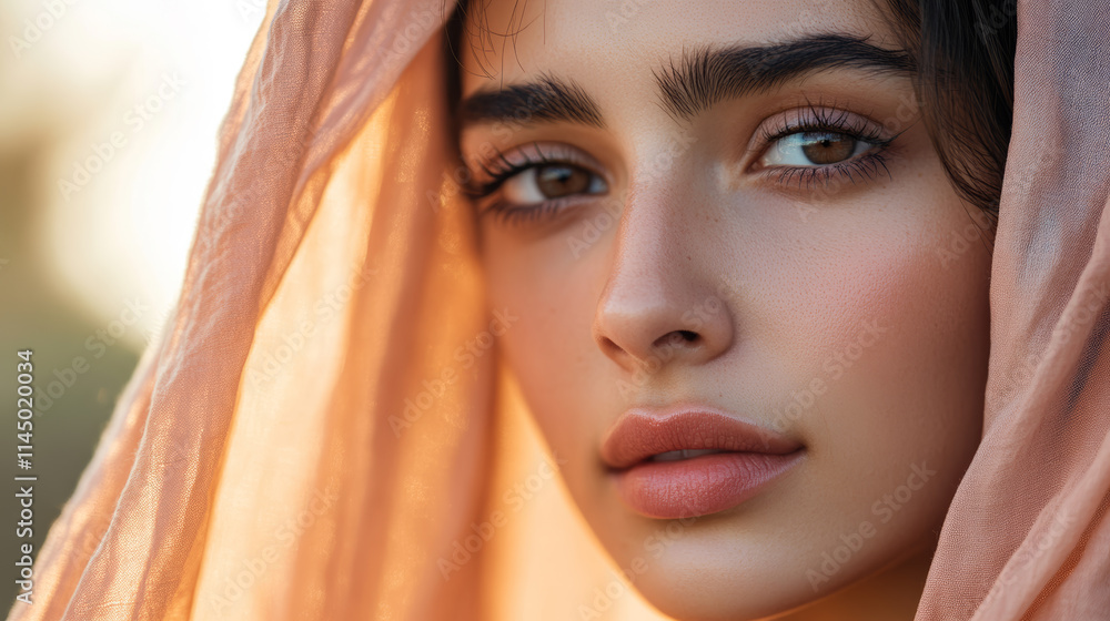 Portrait of a woman draped in soft fabric displaying serene expression at golden hour in an outdoor setting Portrait of a woman draped in soft fabric displaying serene expression at golden hour in an outdoor setting