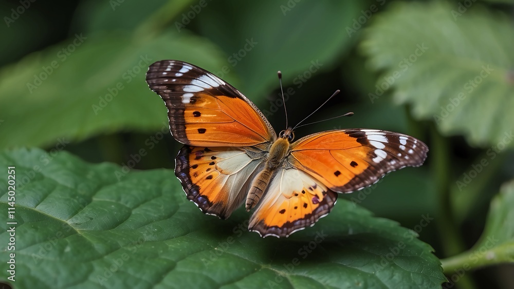 A butterfly gracefully landing on a large, vibrant leaf A butterfly gracefully landing on a large, vibrant leaf