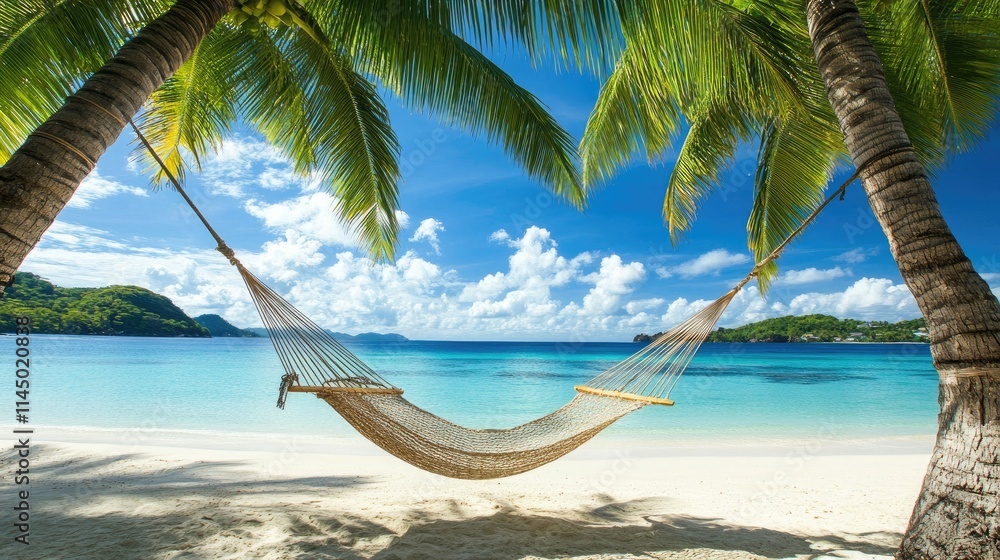 Fototapeta premium A hammock tied between two palm trees, swaying gently over a sandy tropical beach.