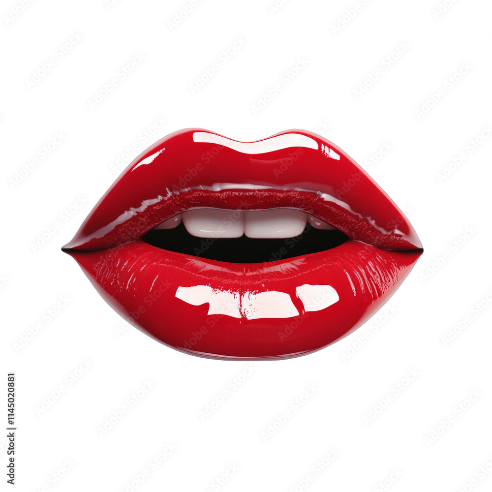 Fototapeta premium Plump Red Lips Closeup Glossy Lipstick White Teeth Beauty Fashion Cosmetics Makeup Valentines Day Kissing Sensual Seductive Romantic Passion Desire Isolated White Background PNG File High Resolution