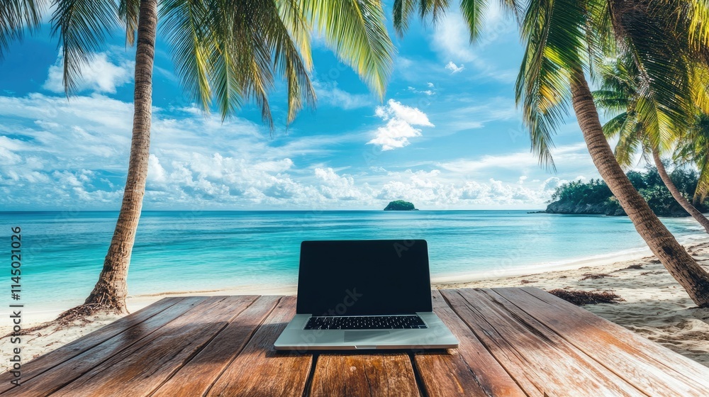 A laptop on a wooden table overlooking a serene beach with palm trees and turquoise waters, highlighting remote work convenience. A laptop on a wooden table overlooking a serene beach with palm trees and turquoise waters, highlighting remote work convenience.