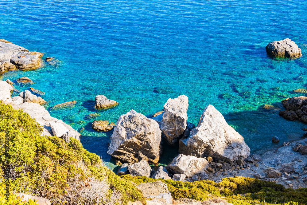 Rocks on amazing sea coast near Agia Anna beach, Amorgos island, Cyclades, Greece