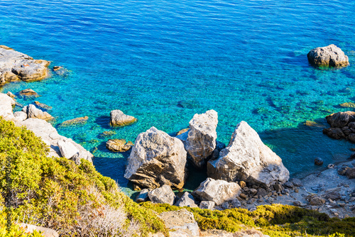Obraz na płótnie Rocks on amazing sea coast near Agia Anna beach, Amorgos island, Cyclades, Greece w salonie