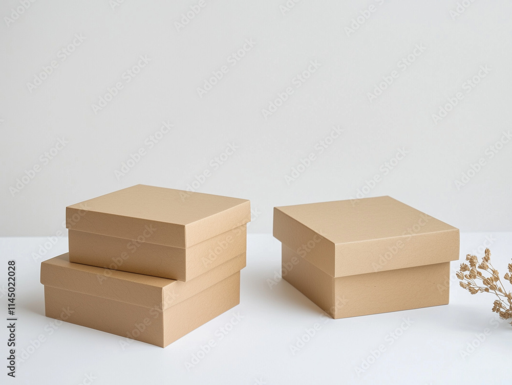 Fototapeta premium Packaging concept, gift box made of eco-friendly brown paper, minimalist composition with soft accents on white, Minimalist Eco-Friendly Gift Box