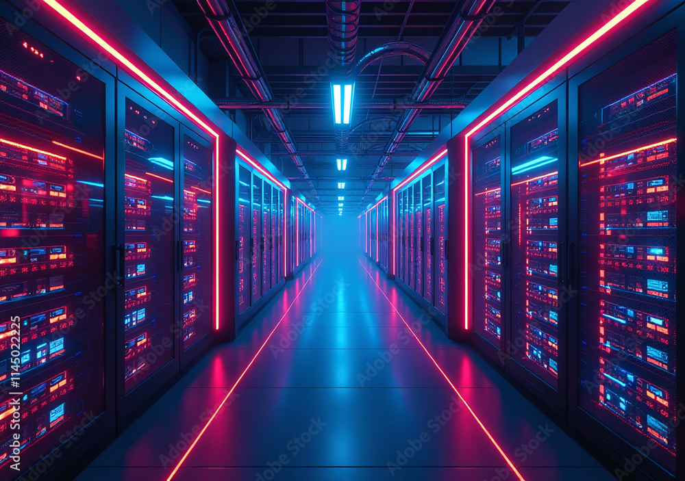 Fototapeta premium digital architecture blends neon lights futuristic colors geometric data center