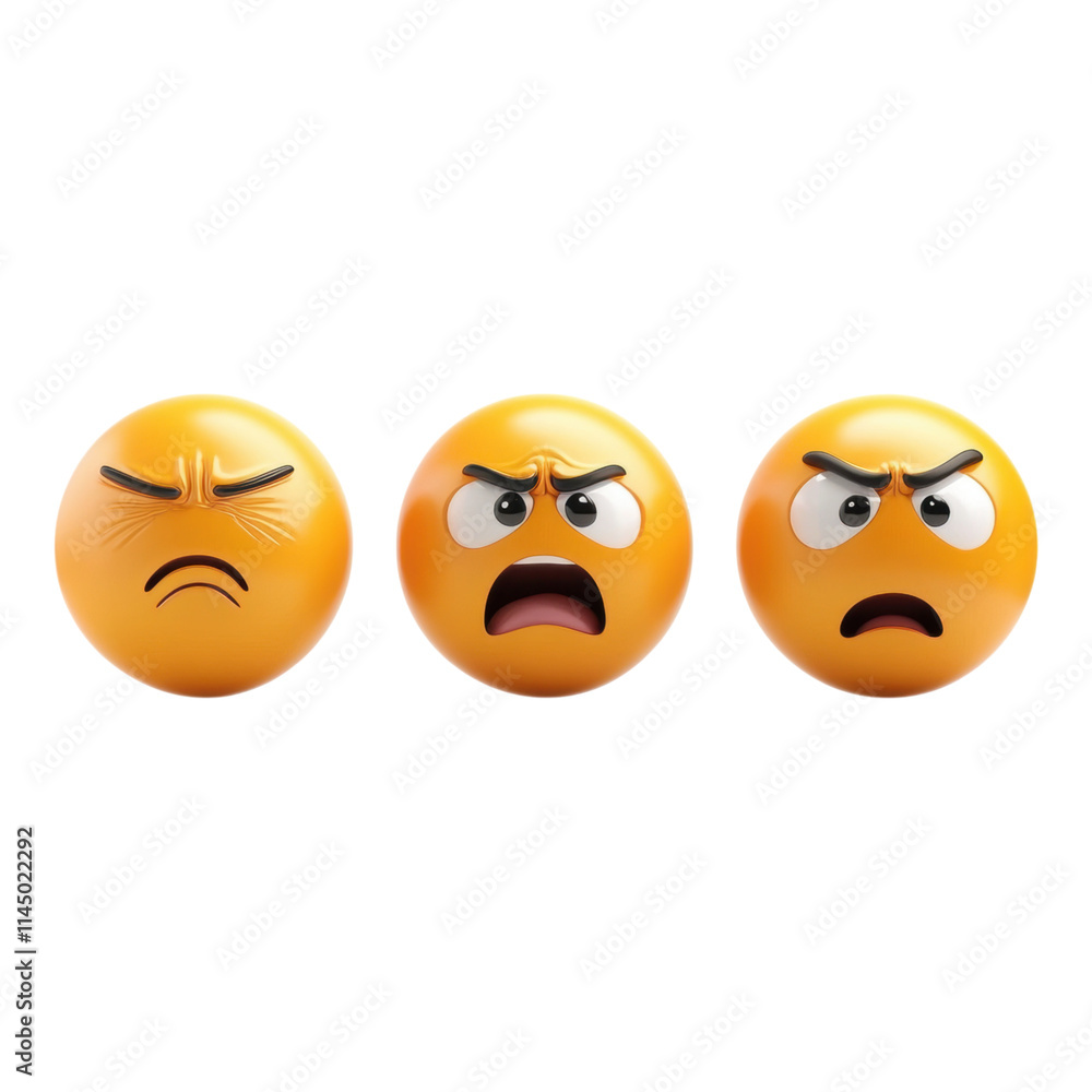 Fototapeta premium Emoji expressions collection featuring joyful, melancholic, and astonished faces on a clean white backdrop for versatile communication use