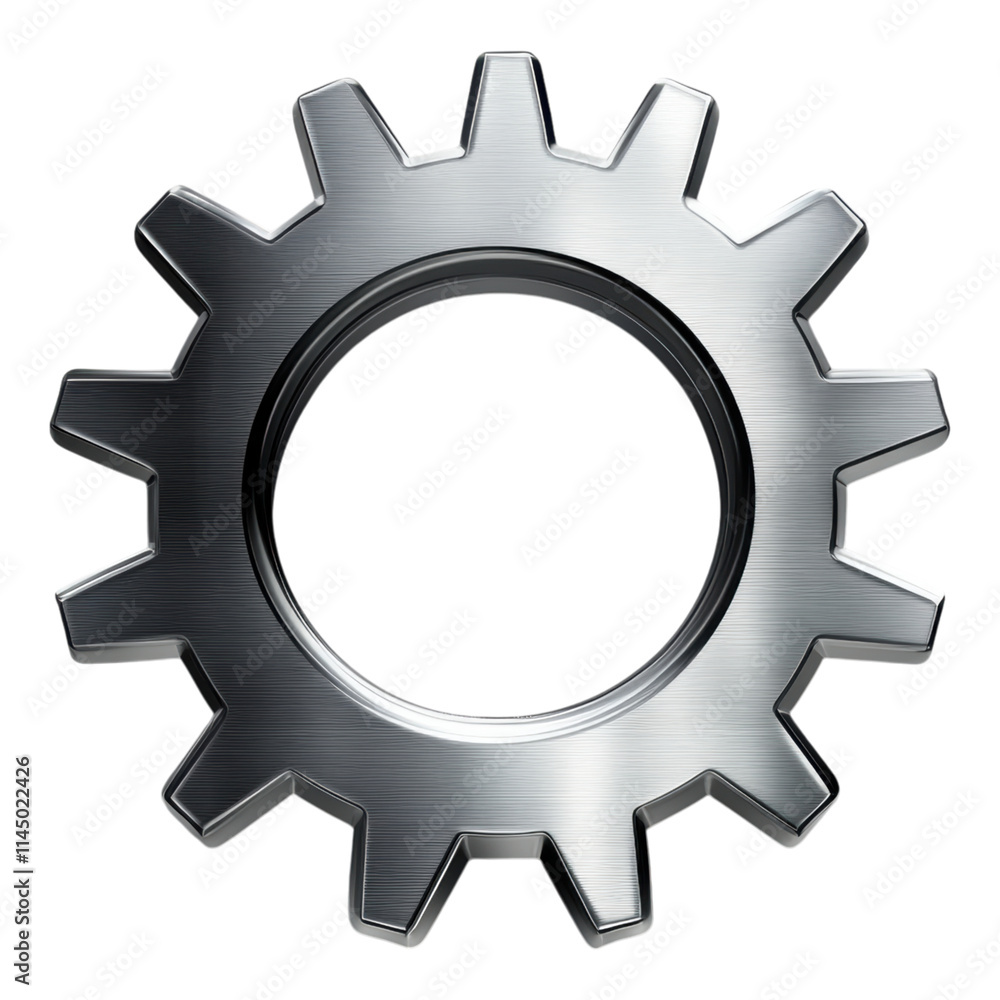 Metallic Gear Icon, sleek design, isolated on white, perfect for tech, engineering, and user interface applications Metallic Gear Icon, sleek design, isolated on white, perfect for tech, engineering, and user interface applications