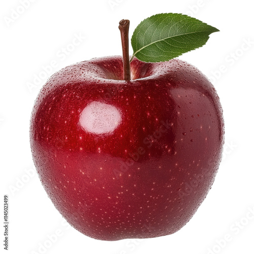 Shiny red apple with green leaf, vibrant color and glossy texture, perfect for illustrations and digital designs. photo