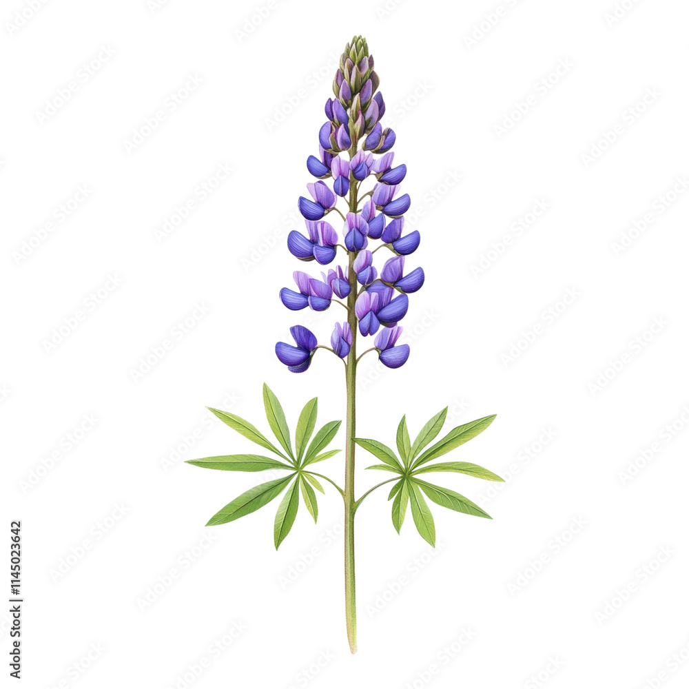 Obraz premium Purple lupine flower stem, elegant and vibrant, showcasing delicate petals and lush foliage, ideal for design and decoration purposes