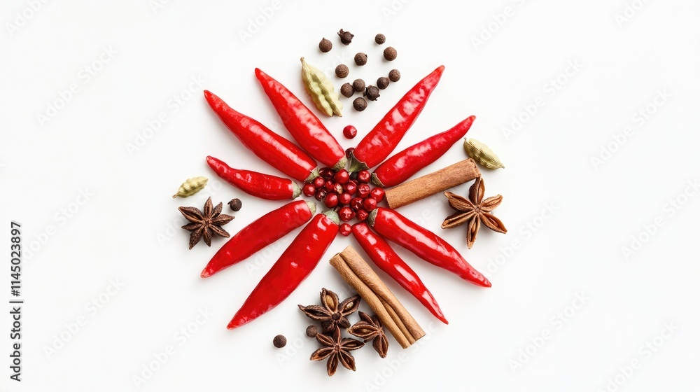 Red chilies arranged in a star shape with cloves, cardamom, and cinnamon sticks on a pristine white background. Red chilies arranged in a star shape with cloves, cardamom, and cinnamon sticks on a pristine white background.