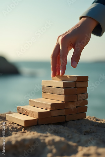 A person putting their hand on a wooden stepping stone symbolizing business growth and steps to achieving success slowly._00001_