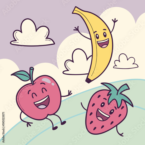 Playful fruit characters in pastel.