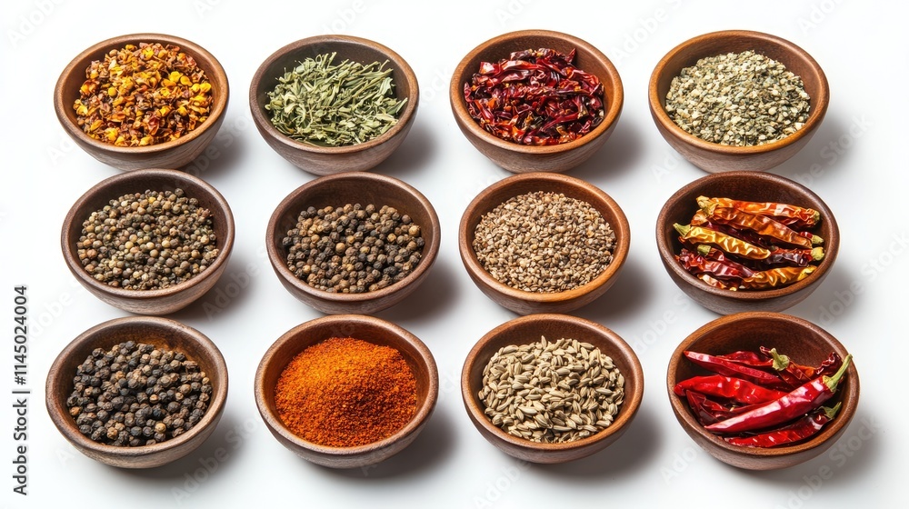 Red chilies, dried herbs, and various spices like cumin and peppercorns displayed in small bowls, forming a culinary theme on a white background. - Red chilies, dried herbs, and various spices like cumin and peppercorns displayed in small bowls, forming a culinary theme on a white background. -