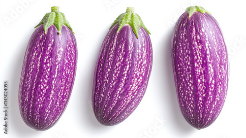 A vibrant close-up image of three bold purple cucumbers with matte textures and subtle dotted patterns, gently overlapping on a stark white background, visually striking, enhanced depth, sharp contour photo