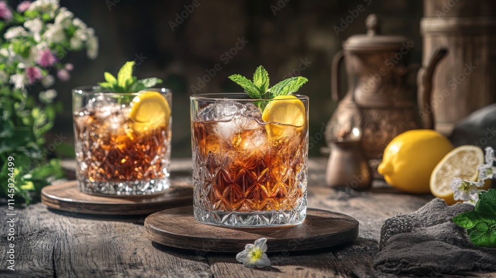 Elegant Iced Drinks with Lemon and Mint - Refreshing Summer Treat Elegant Iced Drinks with Lemon and Mint - Refreshing Summer Treat