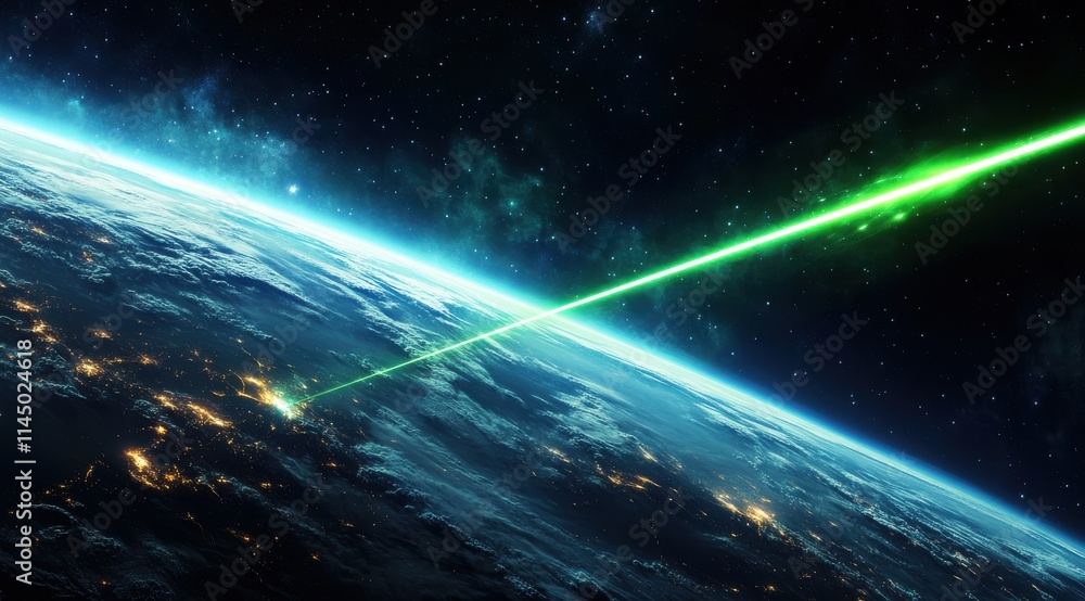 Obraz premium Green Laser Beam Shooting from Earth into Space with Stars in Background