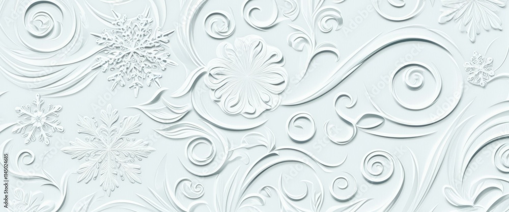 Intricate white floral pattern, embossed texture, delicate swirls and curves, detailed relief design, ornate wallpaper style, baroque-inspired motif, seamless repeating pattern, subtle shadows, elegan