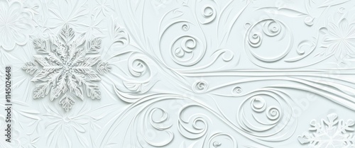Intricate white floral pattern, embossed texture, delicate swirls and curves, detailed relief design, ornate wallpaper style, baroque-inspired motif, seamless repeating pattern, subtle shadows, elegan