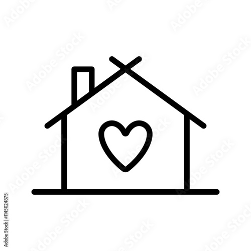 House and heart icon. Black outline linear silhouette. Editable strokes. Front view. Vector simple flat graphic illustration. Isolated object on white background. Isolate.