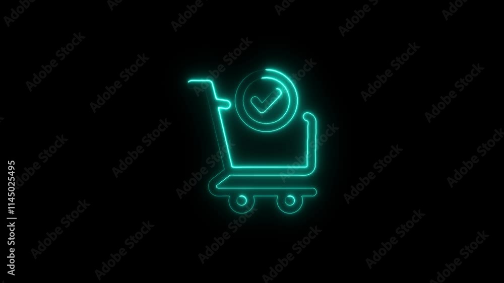 Glowing neon line Shopping cart with check mark icon isolated on black background. Supermarket basket with approved, confirm, tick, completed. 4K Video motion graphic Glowing neon line Shopping cart with check mark icon isolated on black background. Supermarket basket with approved, confirm, tick, completed. 4K Video motion graphic