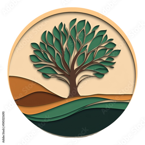 Modern tree icon, flat green and brown design, minimalist aesthetic, clean white background, ideal for eco-friendly themes and branding photo