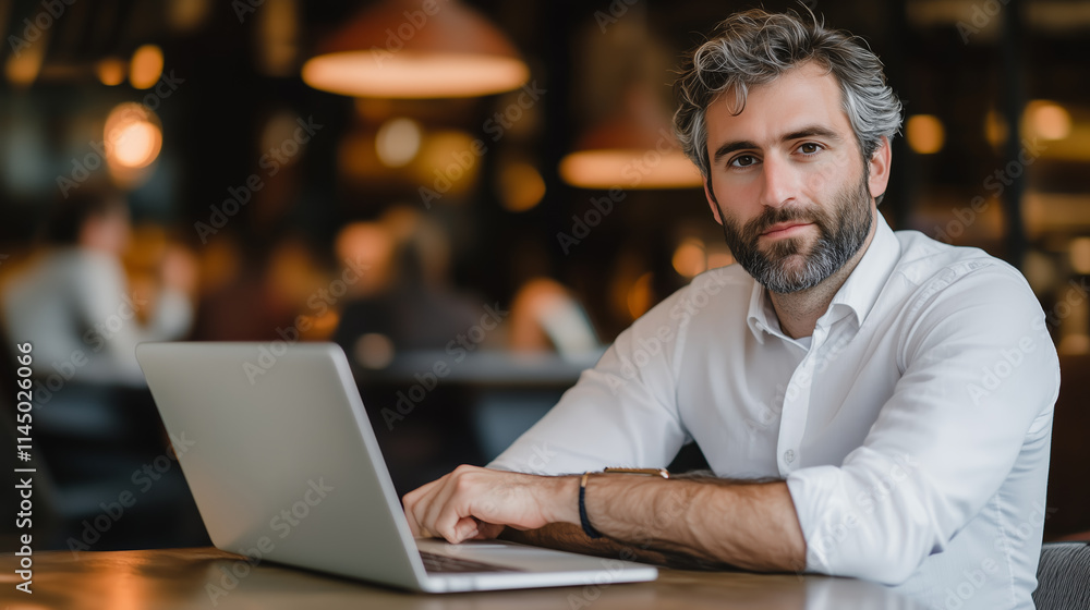Professional man works on laptop in modern cafe environment during daytime hours Professional man works on laptop in modern cafe environment during daytime hours