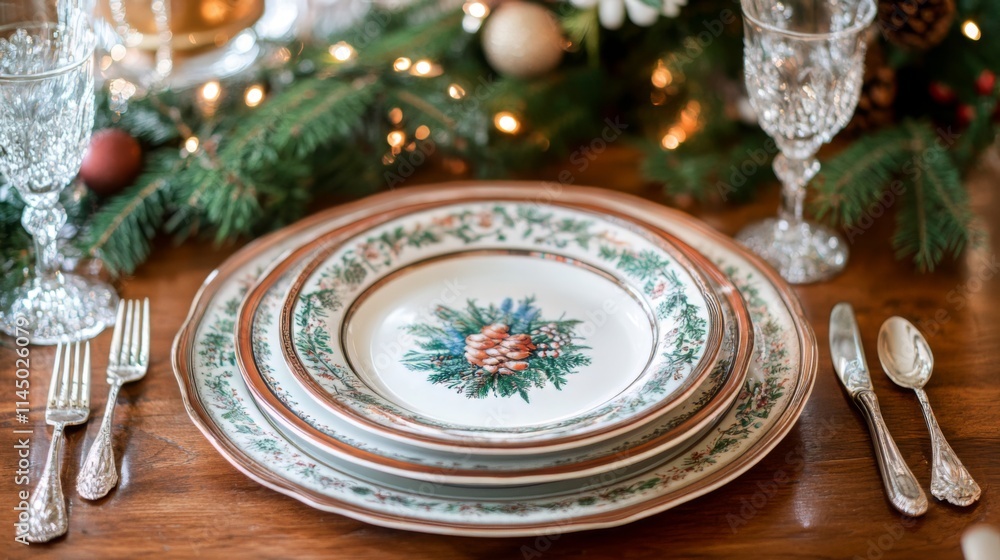 Elegant Christmas Dinnerware Setting with Festive Holiday Decor Elegant Christmas Dinnerware Setting with Festive Holiday Decor