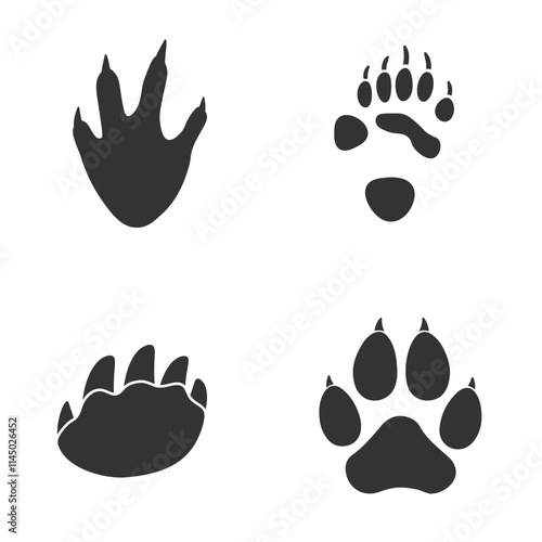 Footprints of  Animal, Traces of a panda, turtle, crocodile and lion on white background.  Silhouette animal tracks in gray. Paw Print for your  design. Vector illustration. EPS10.