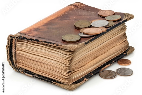 Savings book and coins isolated on white financial concept close-up photo