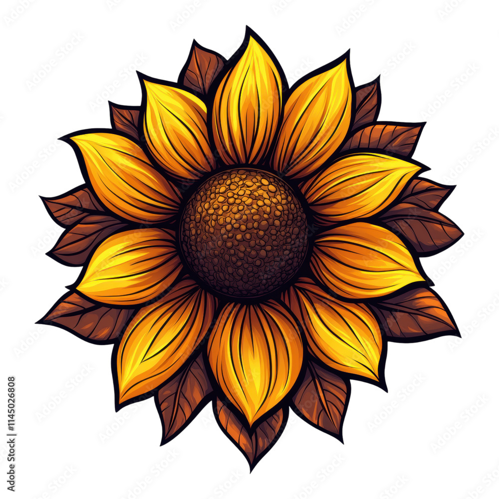 Vibrant sunflower with bright yellow petals, deep brown center, perfect for digital use, transparent background ideal for design projects Vibrant sunflower with bright yellow petals, deep brown center, perfect for digital use, transparent background ideal for design projects