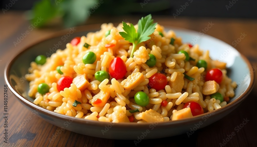 fried rice with chicken and vegetables real photo fried rice with chicken and vegetables real photo