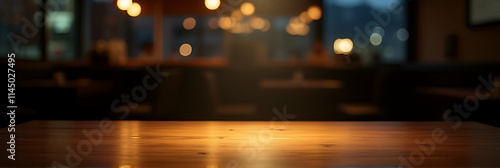 A minimalist wooden tabletop sits empty in a dimly lit restaurant at night with a selectively focused beam of light highlighting its surface._00001_