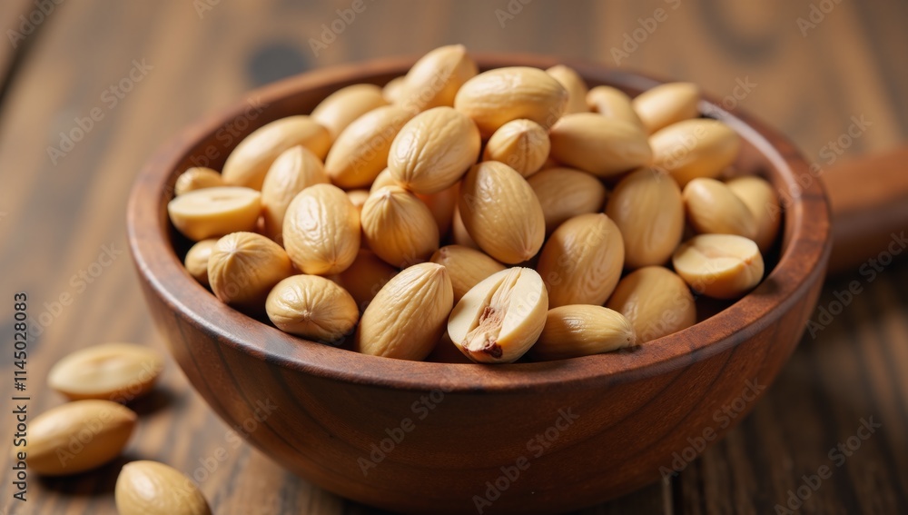 Close-up of a wooden bowl filled with organic vegan pine nuts for a nutritious and tasty snack Close-up of a wooden bowl filled with organic vegan pine nuts for a nutritious and tasty snack