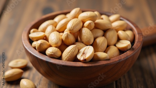 Close-up of a wooden bowl filled with organic vegan pine nuts for a nutritious and tasty snack photo