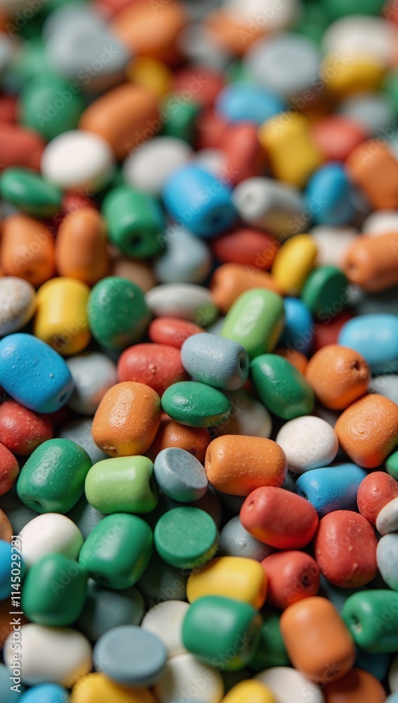 Close-up on colorful recycled plastic granules showcasing diverse textures and hues representing eco-friendliness Close-up on colorful recycled plastic granules showcasing diverse textures and hues representing eco-friendliness