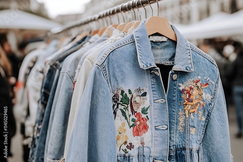 Second hand embroidered denim jackets at an outdoor market photo