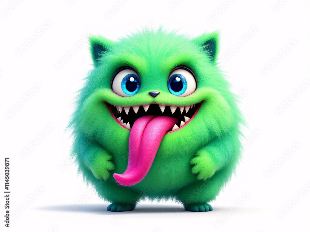 Cute green furry monster with big eyes and a wide, toothy smile, exuding a playful, cartoonish charm. Cute green furry monster with big eyes and a wide, toothy smile, exuding a playful, cartoonish charm.