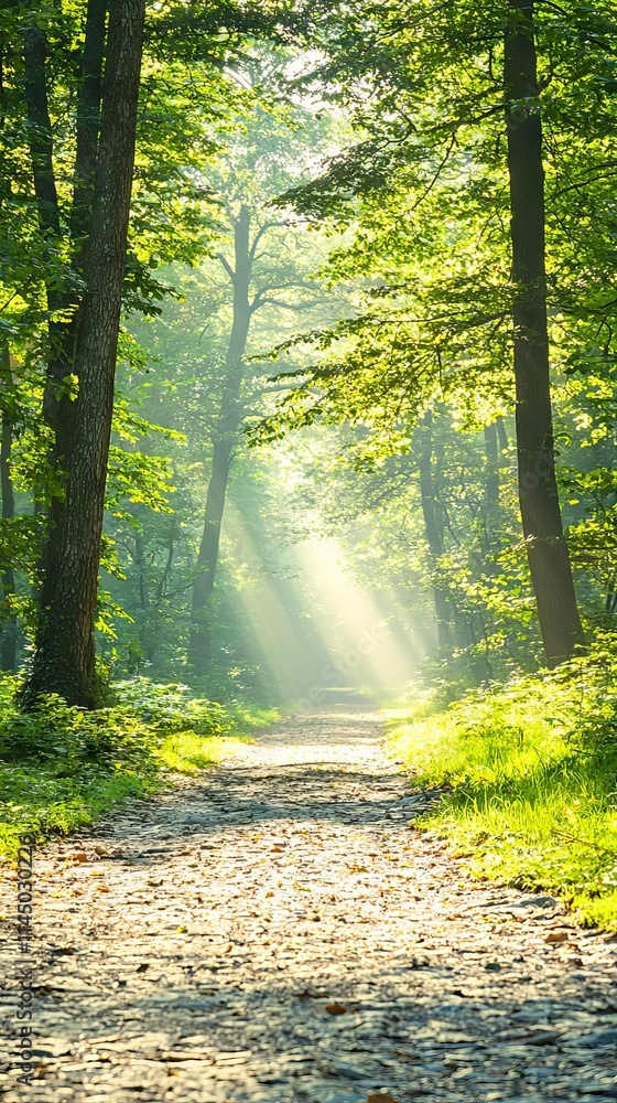 Obraz premium A serene forest path illuminated by sunlight filtering through trees.