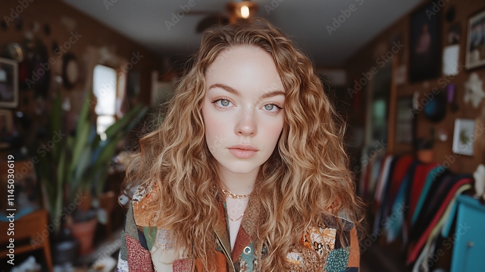 Young woman in second hand patchwork coat promoting sustainability Young woman in second hand patchwork coat promoting sustainability