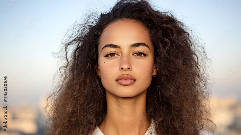 Stunning portrait of a curly haired woman with a confident expression in natural light, against the Paris skyline, showcasing modern beauty and an air of sophistication Stunning portrait of a curly haired woman with a confident expression in natural light, against the Paris skyline, showcasing modern beauty and an air of sophistication