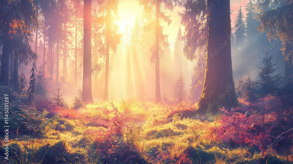 A serene forest scene illuminated by sunlight, creating a tranquil atmosphere.