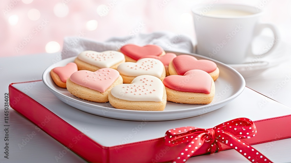 Plate with tasty heart shaped cookies on blured background. Valentine's Day celebration. Plate with tasty heart shaped cookies on blured background. Valentine's Day celebration.
