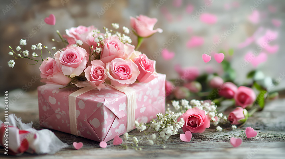Background with flowers and gift wrapping. Ideal for Mother's Day or Valentine's Day. Background with flowers and gift wrapping. Ideal for Mother's Day or Valentine's Day.