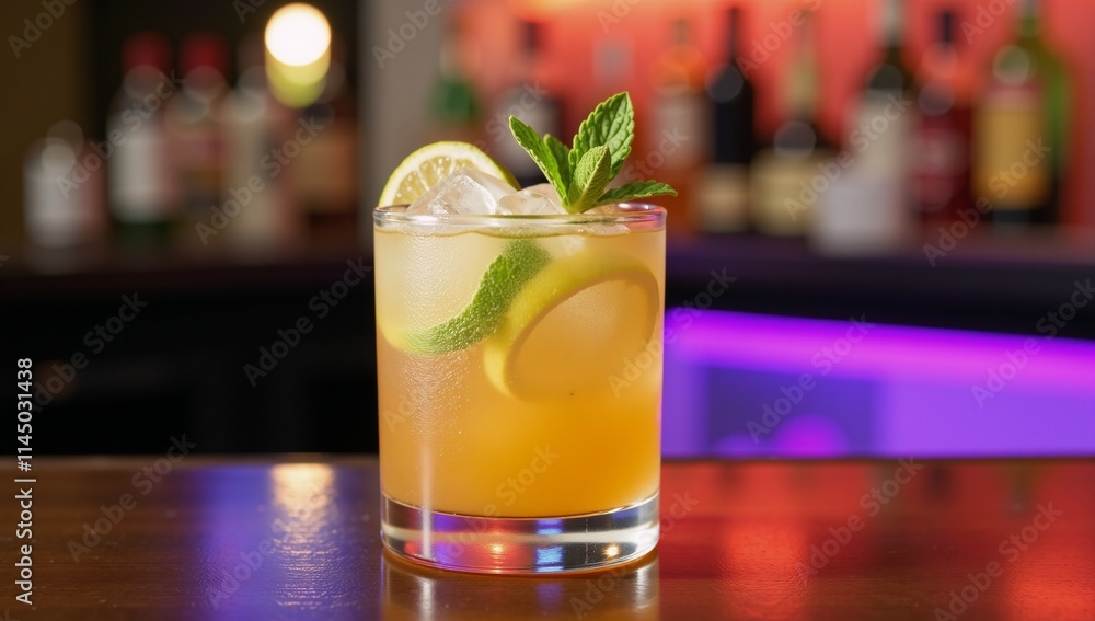 A refreshing cocktail with ice and citrus garnish served at a vibrant bar setting