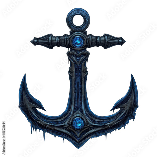 Navy blue detailed anchor symbol, intricate design, suitable for marine themes, digital use, transparent background, versatile application. photo