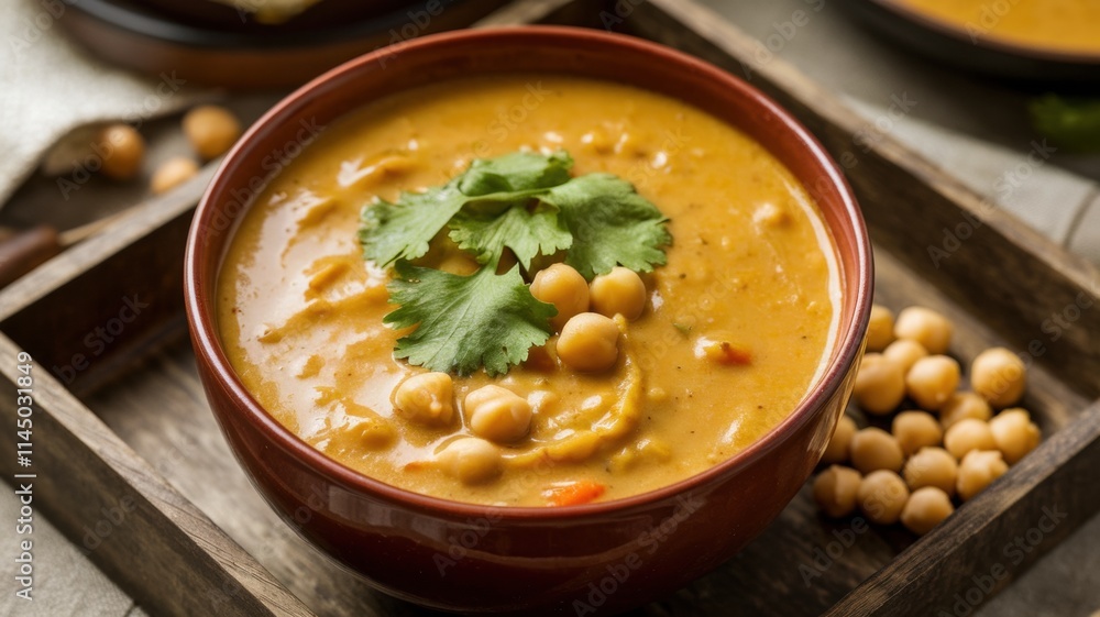 Warm chickpea soup with coconut chips and curry. The soup is orange in color, with pieces of boiled vegetables. A sprig of fresh cilantro is placed on top of the soup. Warm chickpea soup with coconut chips and curry. The soup is orange in color, with pieces of boiled vegetables. A sprig of fresh cilantro is placed on top of the soup.
