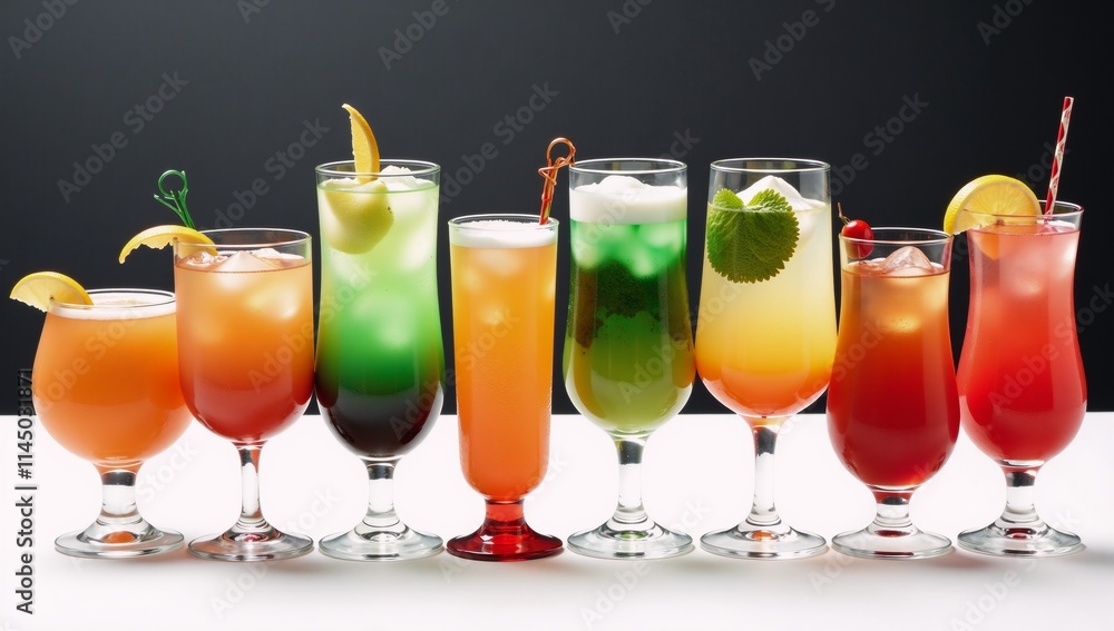 A vibrant collection of cocktails displayed in various glassware against a clean minimalist backdrop A vibrant collection of cocktails displayed in various glassware against a clean minimalist backdrop