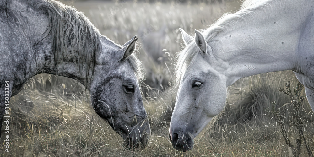 Gray and White Horses in Grassland Gray and White Horses in Grassland